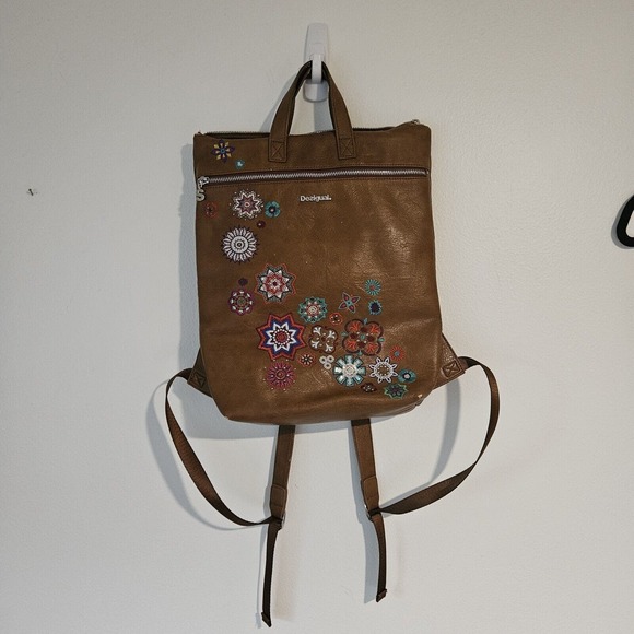 Desigual Handbags - Desigual Brown Vegan Leather Embroidered Backpack Stunning. Clean.